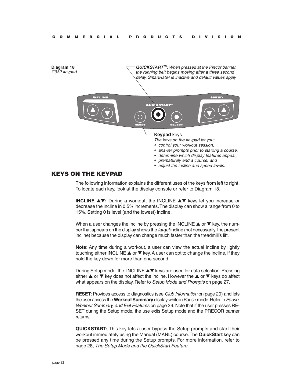 Keys on the keypad | Precor C932 User Manual | Page 32 / 60