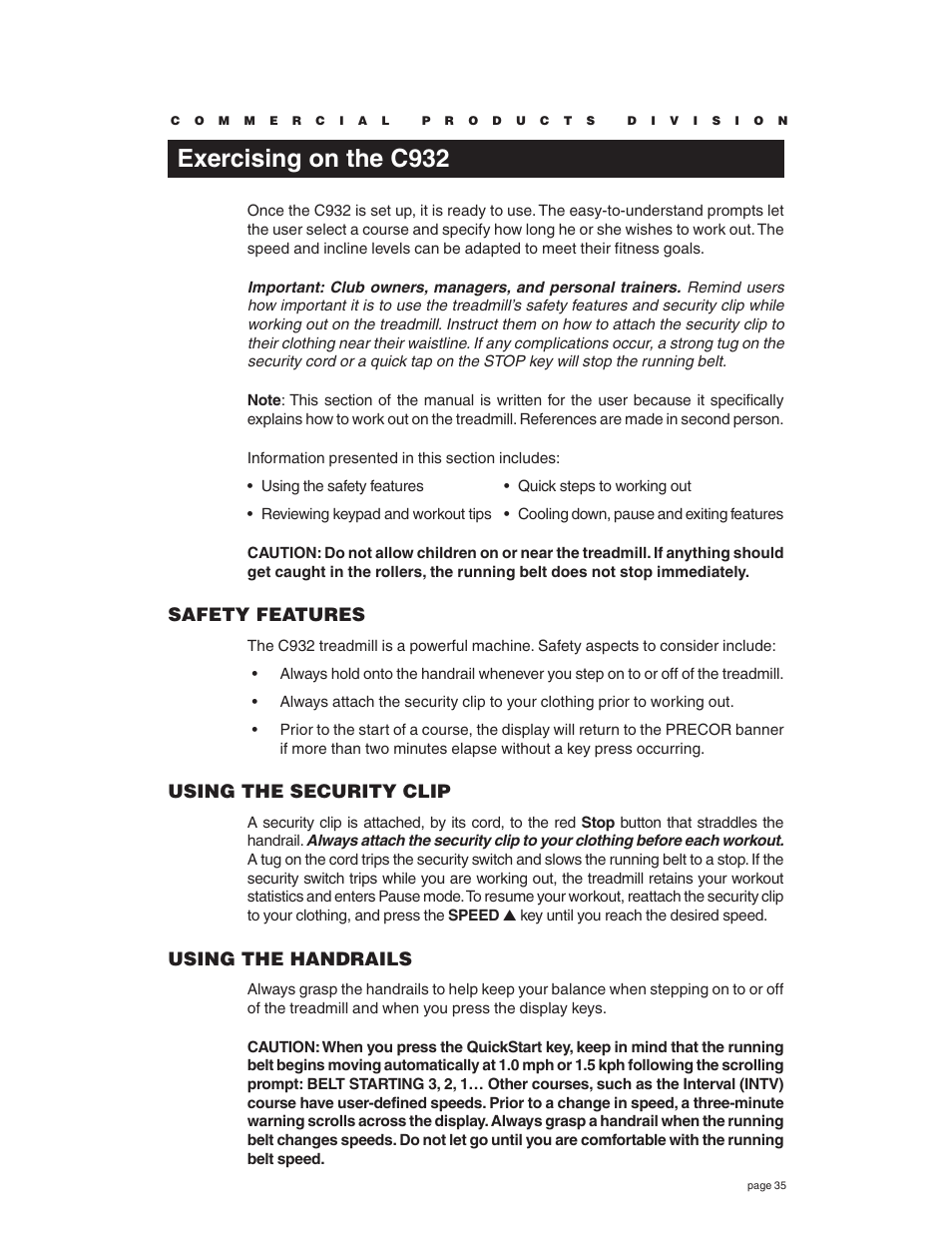Exercising on the c932, Safety features, Using the security clip | Using the handrails | Precor C932 User Manual | Page 35 / 60