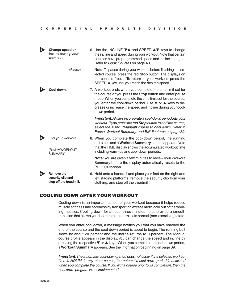 Cooling down after your workout | Precor C932 User Manual | Page 38 / 60