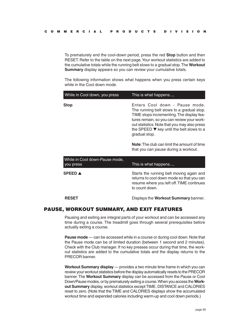 Pause, workout summary, and exit features | Precor C932 User Manual | Page 39 / 60