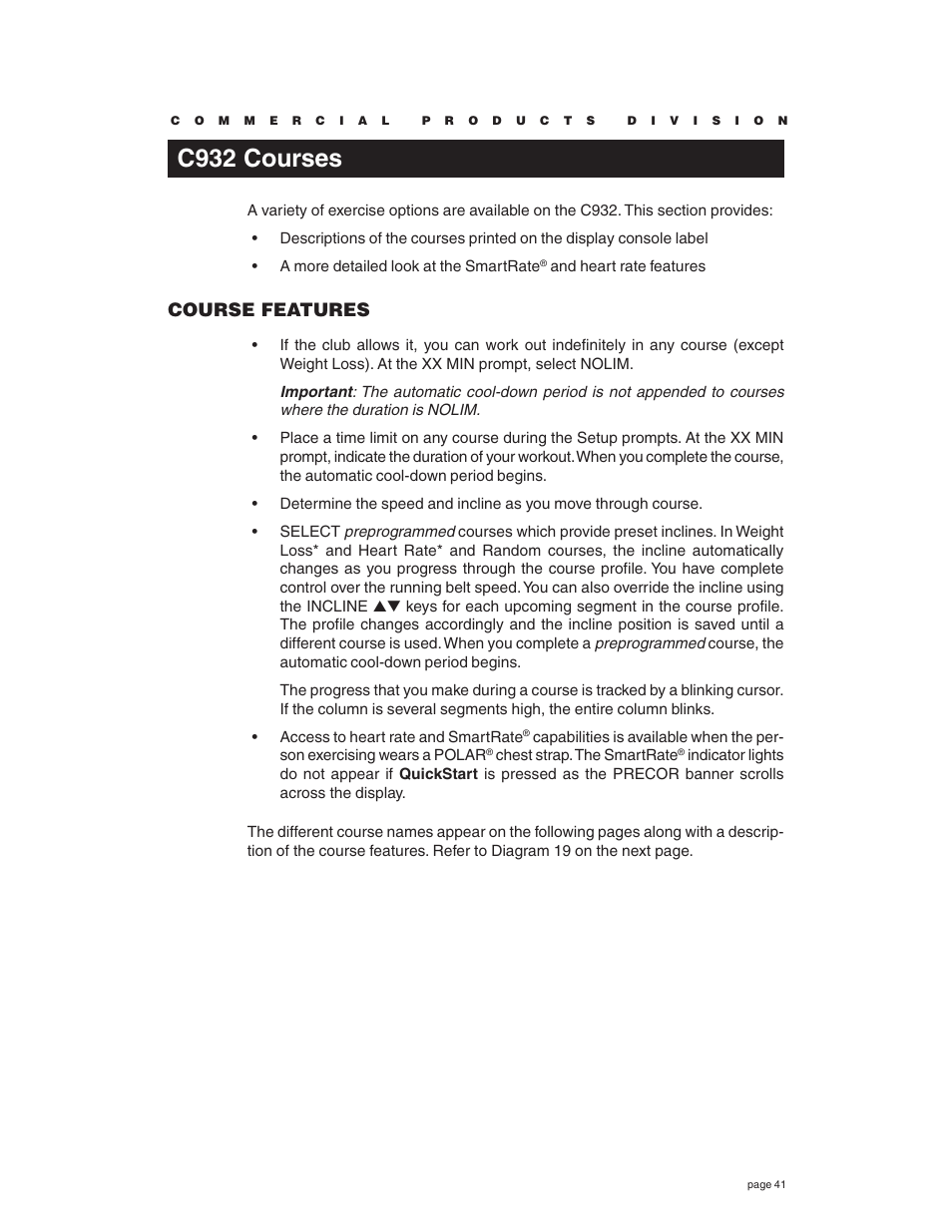 C932 courses, Course features | Precor C932 User Manual | Page 41 / 60