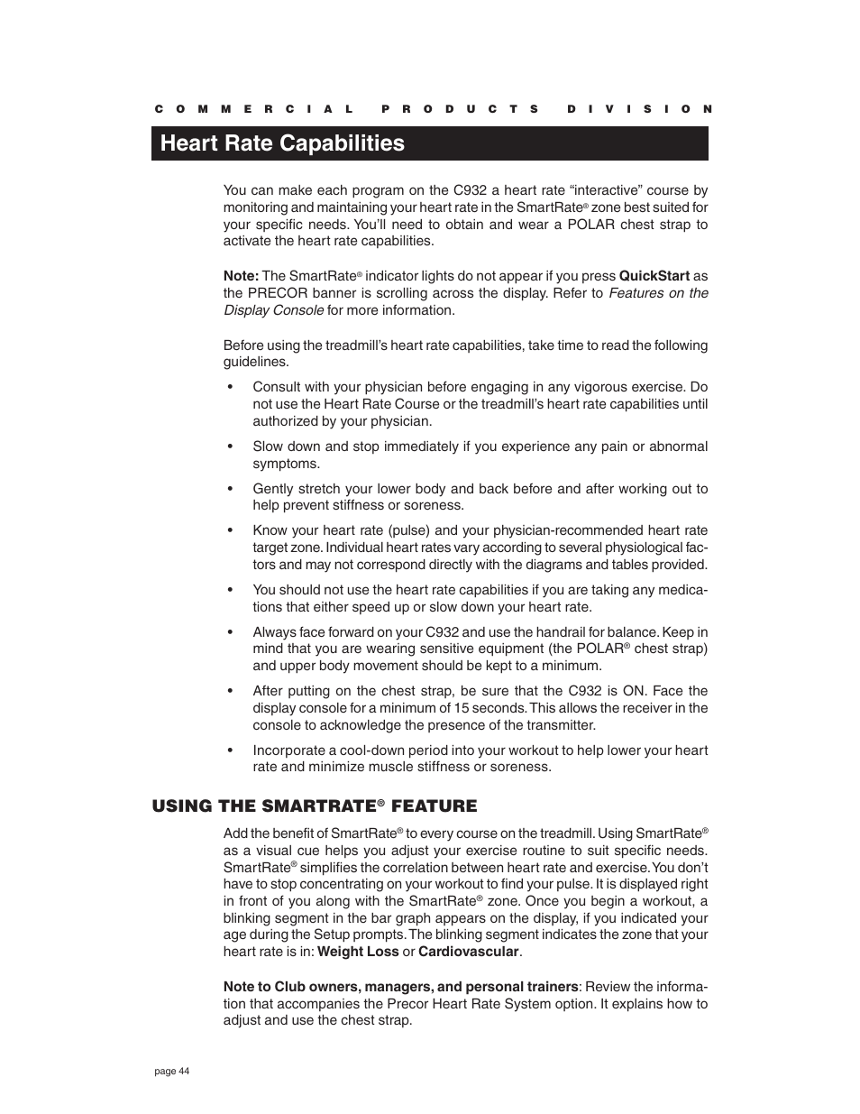 Heart rate capabilities, Using the smartrate, Feature | Precor C932 User Manual | Page 44 / 60