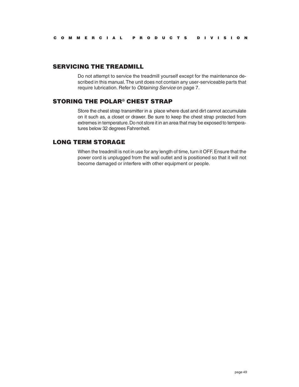 Servicing the treadmill, Storing the polar, Chest strap | Long term storage | Precor C932 User Manual | Page 49 / 60