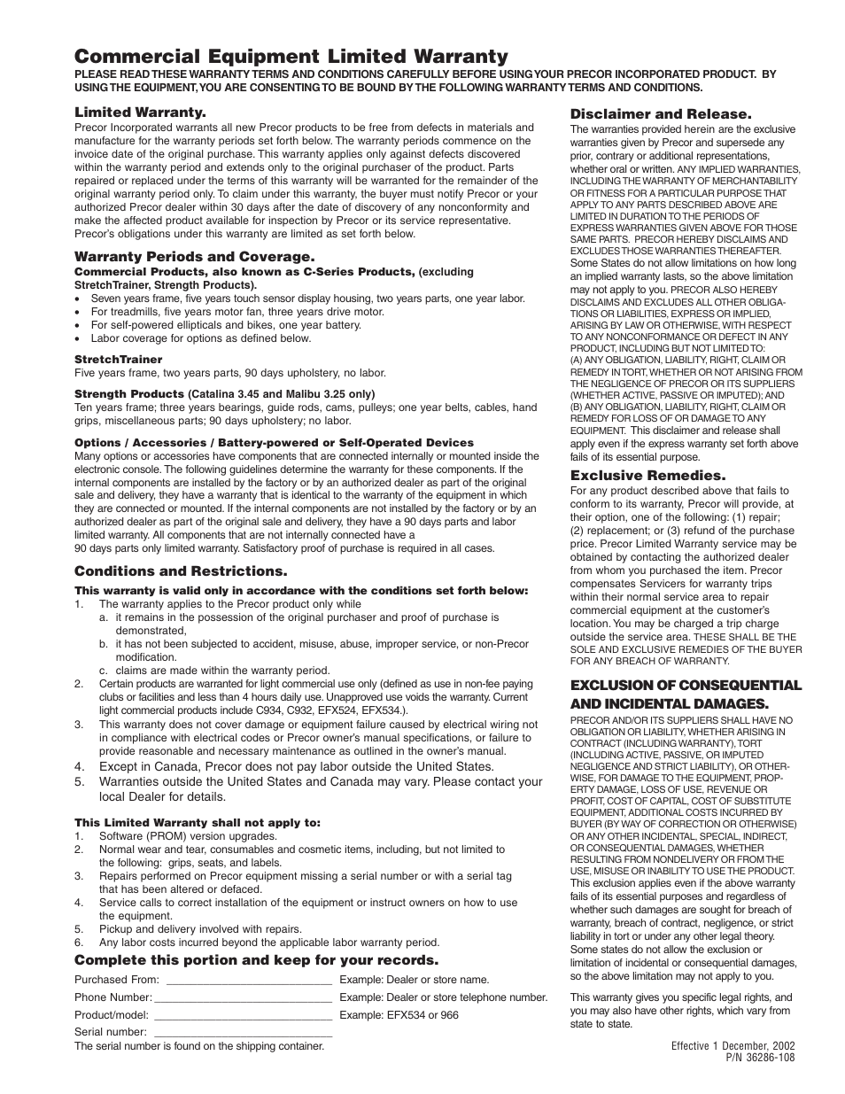Commercial equipment limited warranty | Precor C932 User Manual | Page 59 / 60