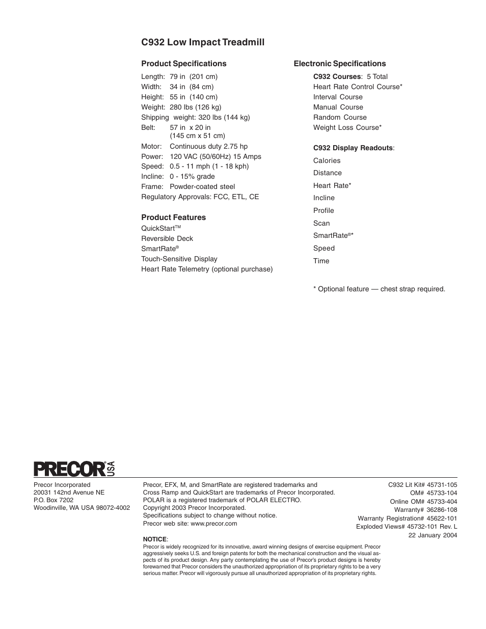 C932 product specifications, C932 low impact treadmill | Precor C932 User Manual | Page 60 / 60