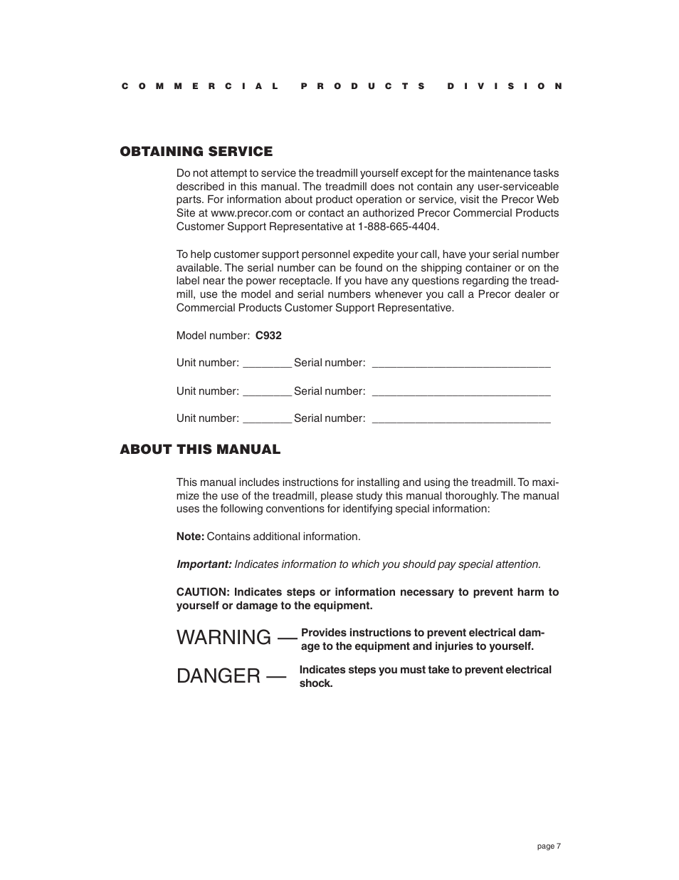 Obtaining service, About this manual, Warning — danger | Precor C932 User Manual | Page 7 / 60