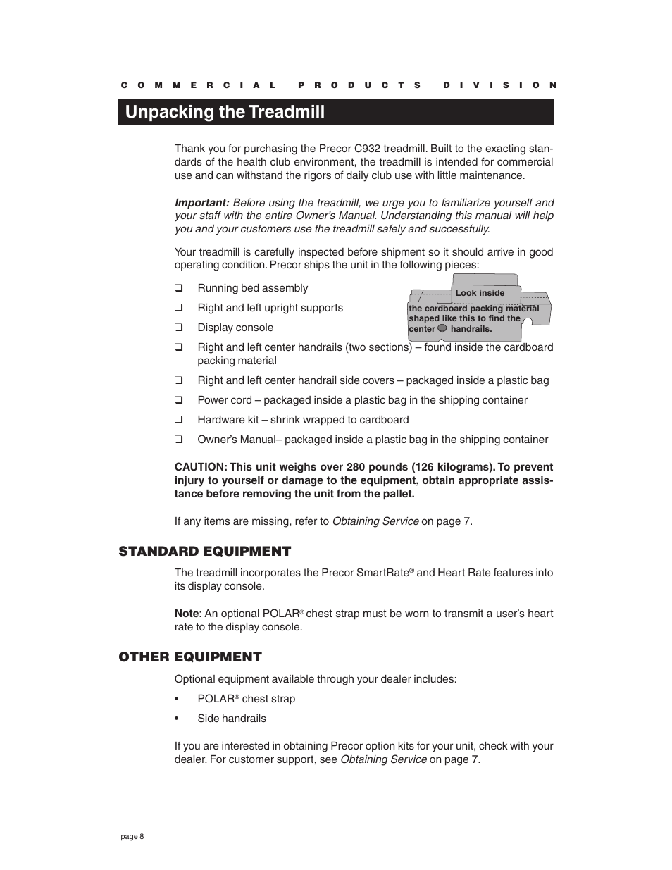 Unpacking the treadmill, Standard equipment, Other equipment | Precor C932 User Manual | Page 8 / 60