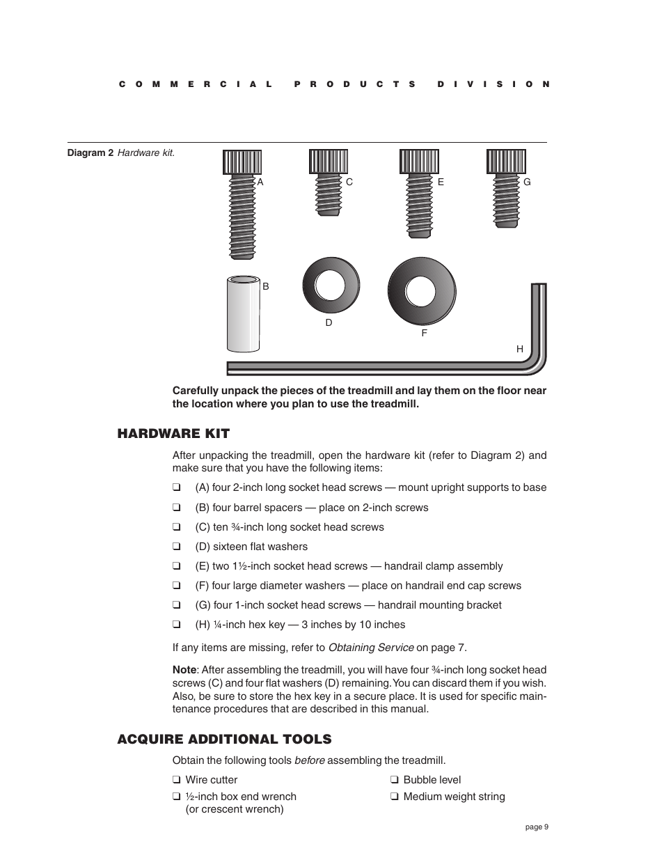 Hardware kit, Acquire additional tools | Precor C932 User Manual | Page 9 / 60