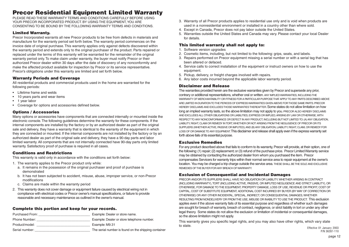 Precor residential equipment limited warranty | Precor Leg Press Option S3.15 User Manual | Page 12 / 16