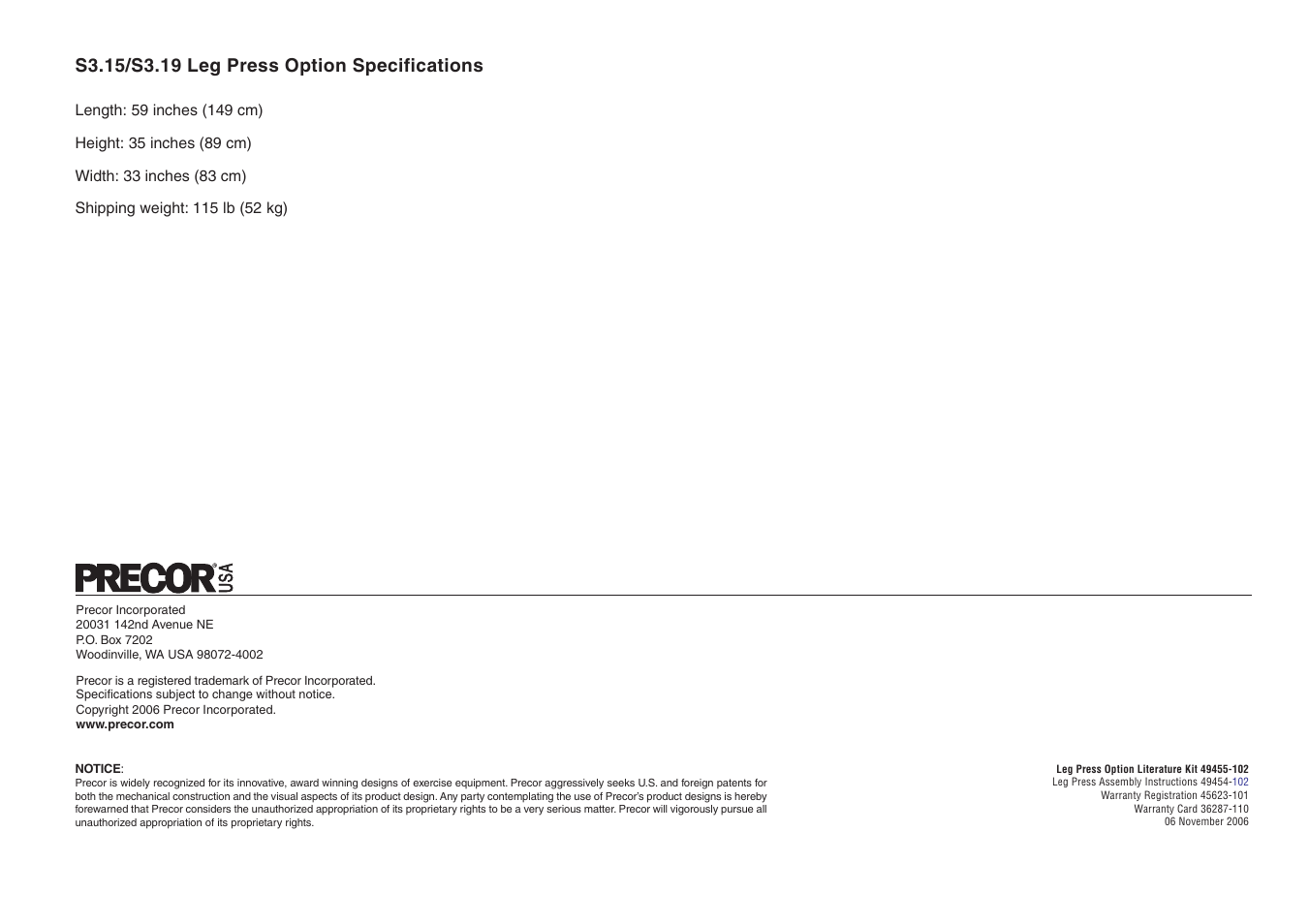 S3.15/s3.19 leg press option specifications | Precor Leg Press Option S3.15 User Manual | Page 16 / 16