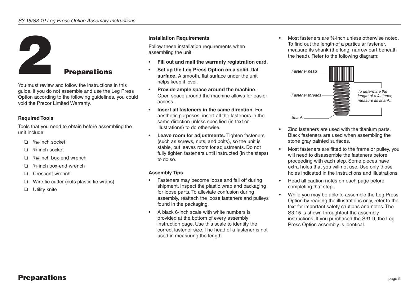 Preparations, Required tools, Installation requirements | Assembly tips | Precor Leg Press Option S3.15 User Manual | Page 5 / 16