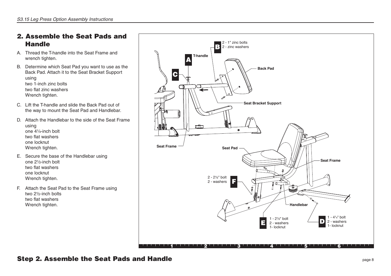 Assemble the seat pads and handle, Step 2. assemble the seat pads and handle a | Precor Leg Press Option S3.15 User Manual | Page 8 / 16