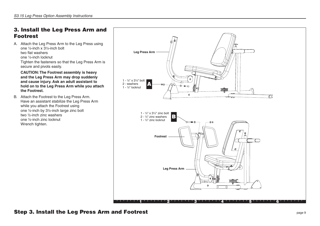 Install the leg press arm and footrest, Step 3. install the leg press arm and footrest a | Precor Leg Press Option S3.15 User Manual | Page 9 / 16