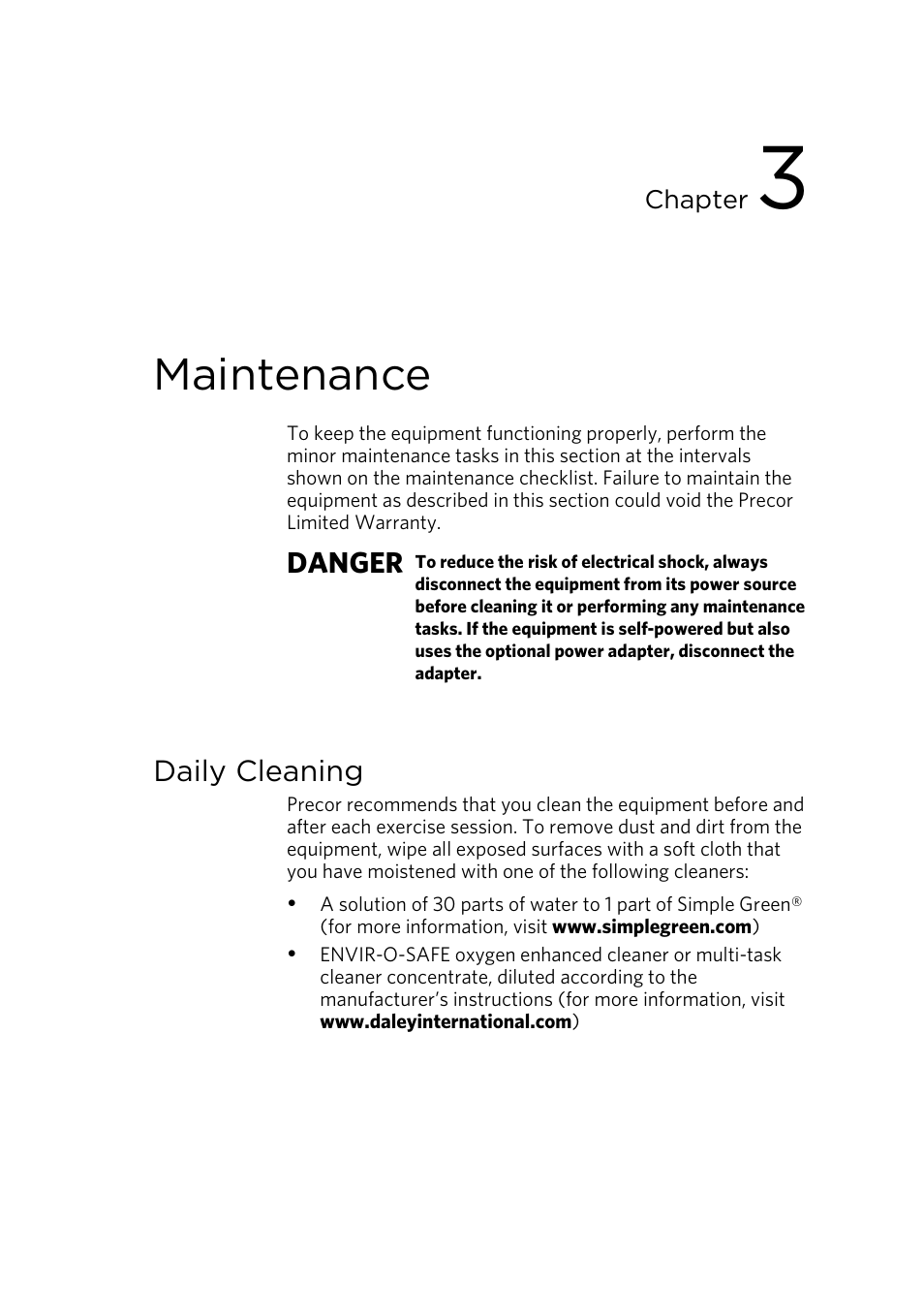 Maintenance, Daily cleaning, Danger | Precor CONSOLE P80 User Manual | Page 107 / 124