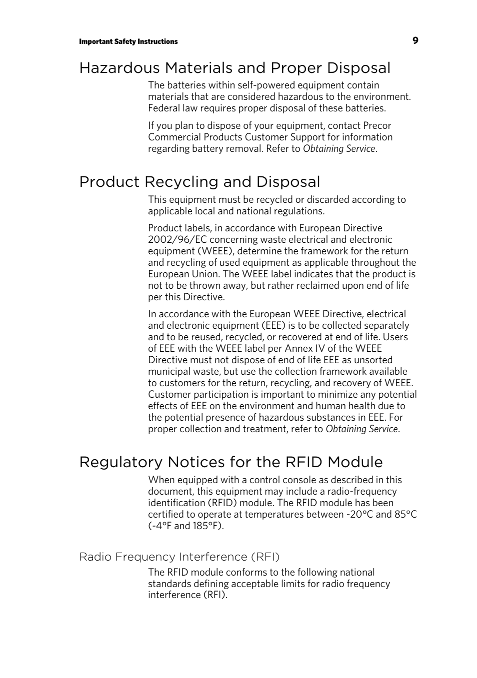 Hazardous materials and proper disposal, Product recycling and disposal, Regulatory notices for the rfid module | Radio frequency interference (rfi) | Precor CONSOLE P80 User Manual | Page 11 / 124