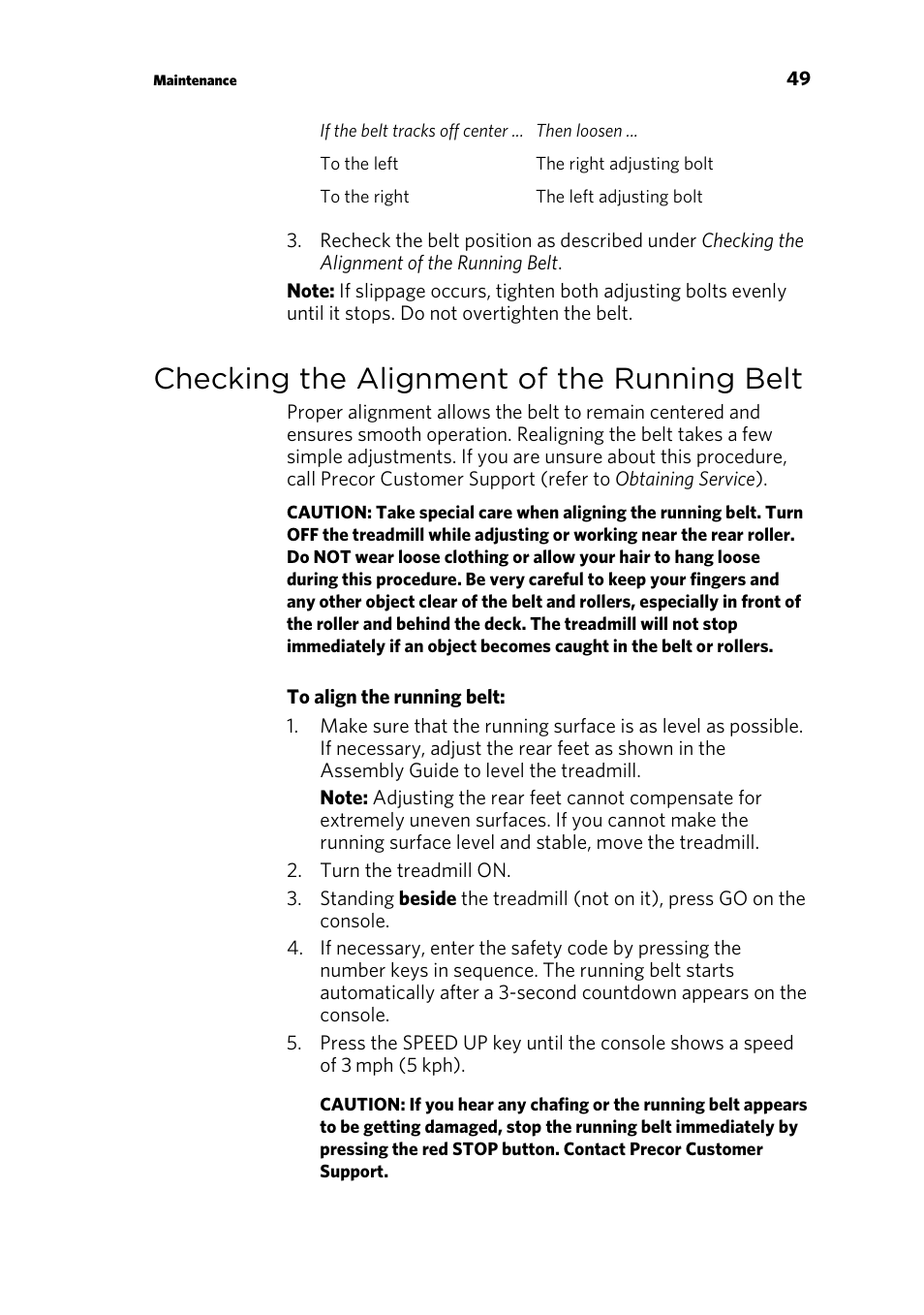 Checking the alignment of the running belt | Precor CONSOLE P80 User Manual | Page 111 / 124