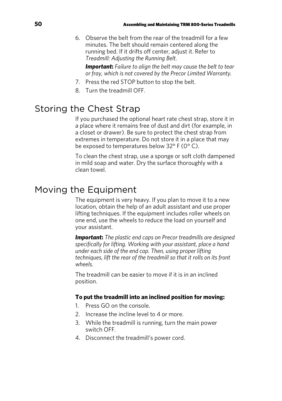 Storing the chest strap, Moving the equipment | Precor CONSOLE P80 User Manual | Page 112 / 124