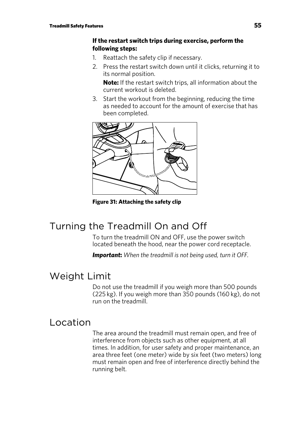 Turning the treadmill on and off, Weight limit, Location | Precor CONSOLE P80 User Manual | Page 117 / 124