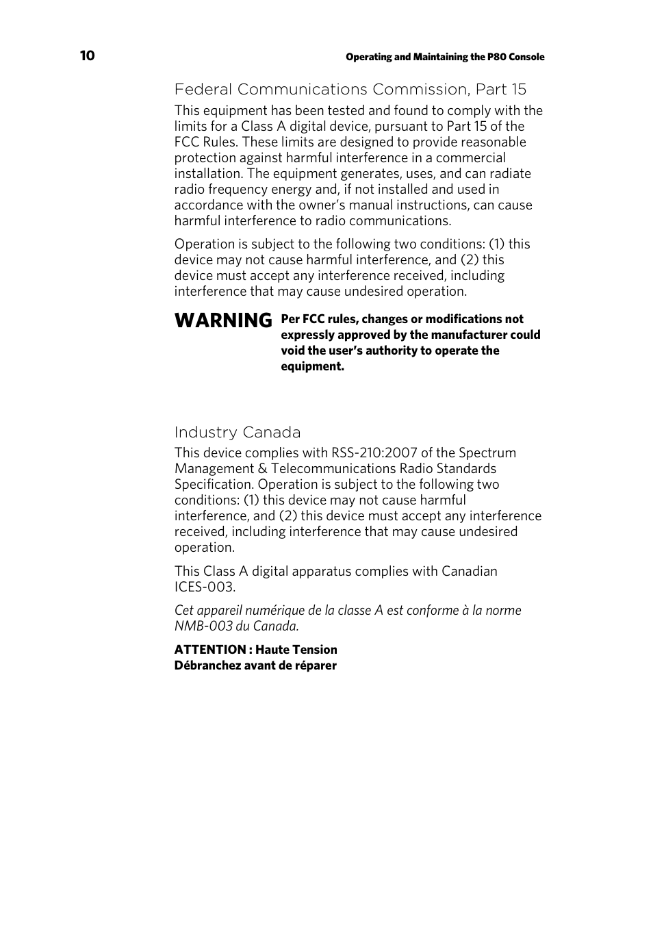 Warning | Precor CONSOLE P80 User Manual | Page 12 / 124