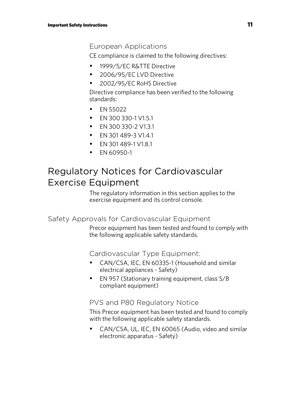 Safety approvals for cardiovascular equipment | Precor CONSOLE P80 User Manual | Page 13 / 124