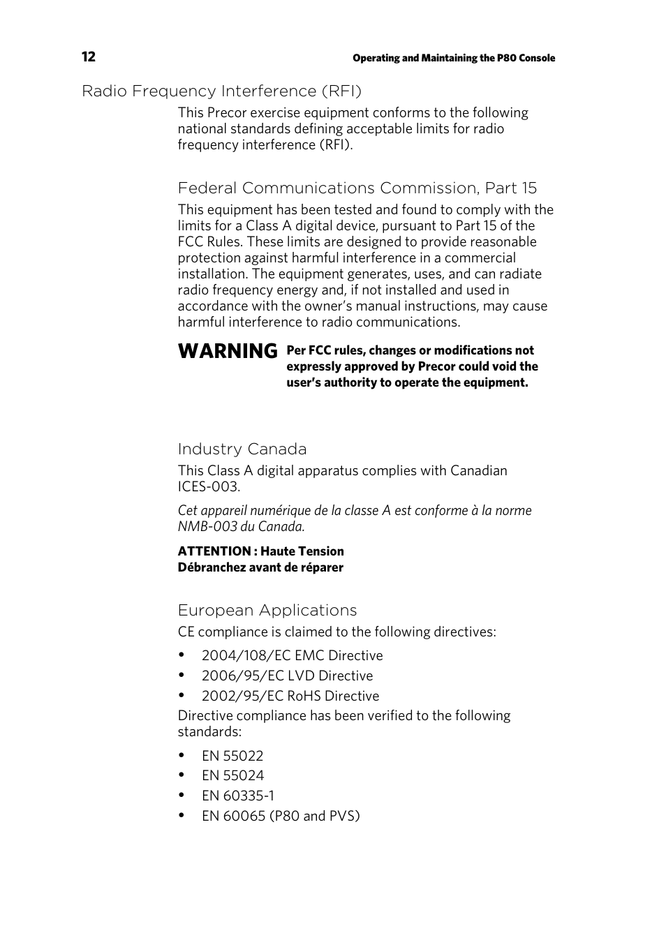 Radio frequency interference (rfi), Warning | Precor CONSOLE P80 User Manual | Page 14 / 124