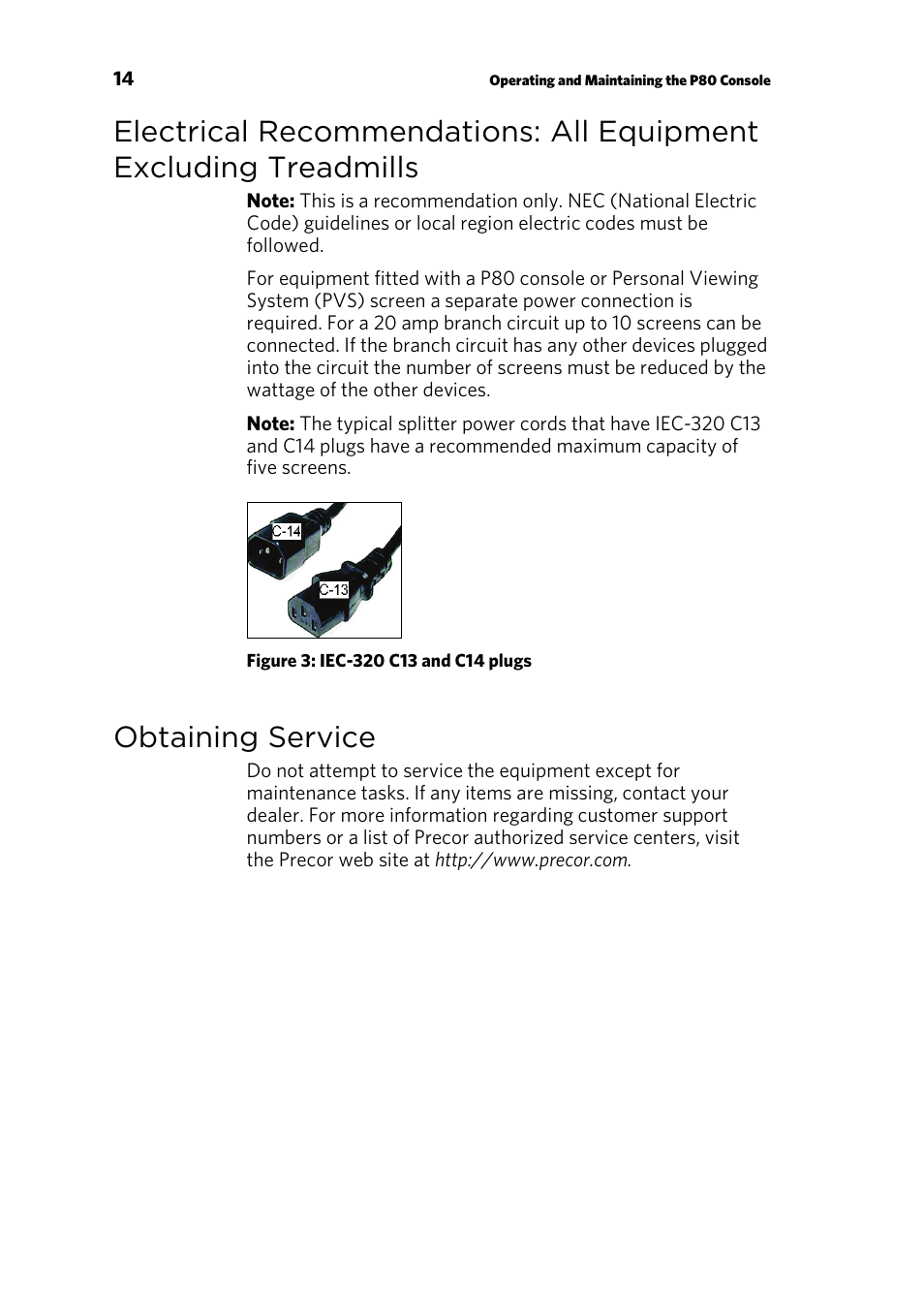 Obtaining service | Precor CONSOLE P80 User Manual | Page 16 / 124