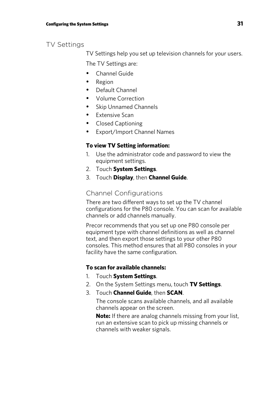 Tv settings | Precor CONSOLE P80 User Manual | Page 33 / 124
