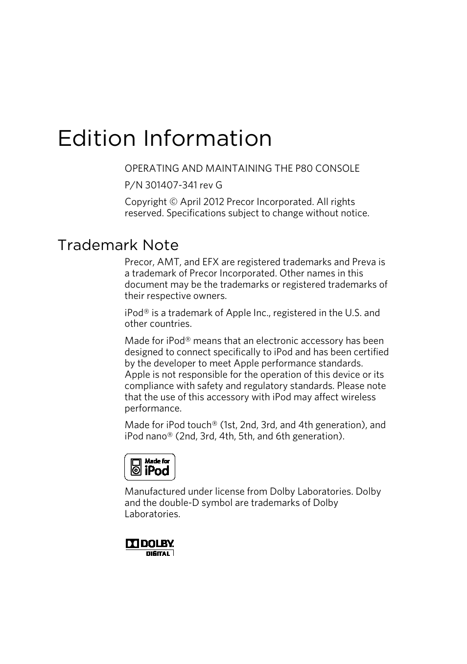 Edition information, Trademark note | Precor CONSOLE P80 User Manual | Page 4 / 124