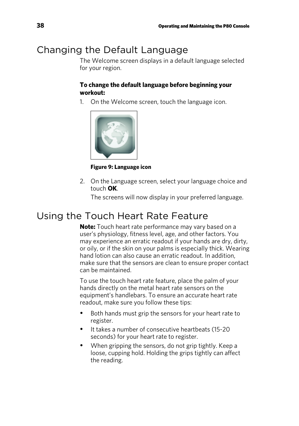 Changing the default language, Using the touch heart rate feature | Precor CONSOLE P80 User Manual | Page 40 / 124
