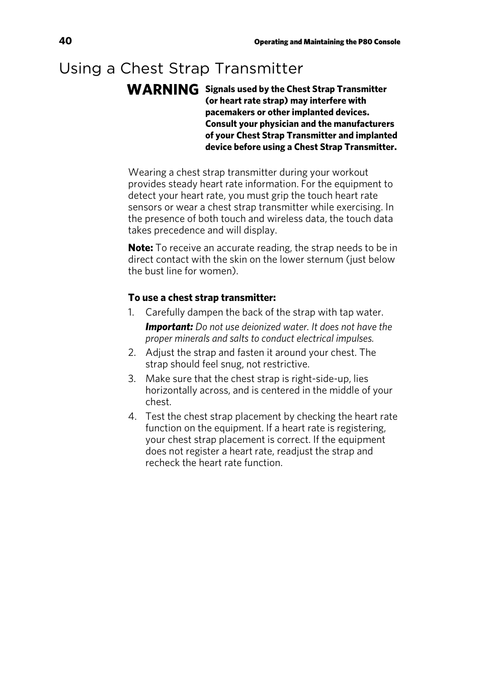 Using a chest strap transmitter, Using the view channels and view buttons, Using a chest strap transmitter warning | Precor CONSOLE P80 User Manual | Page 42 / 124