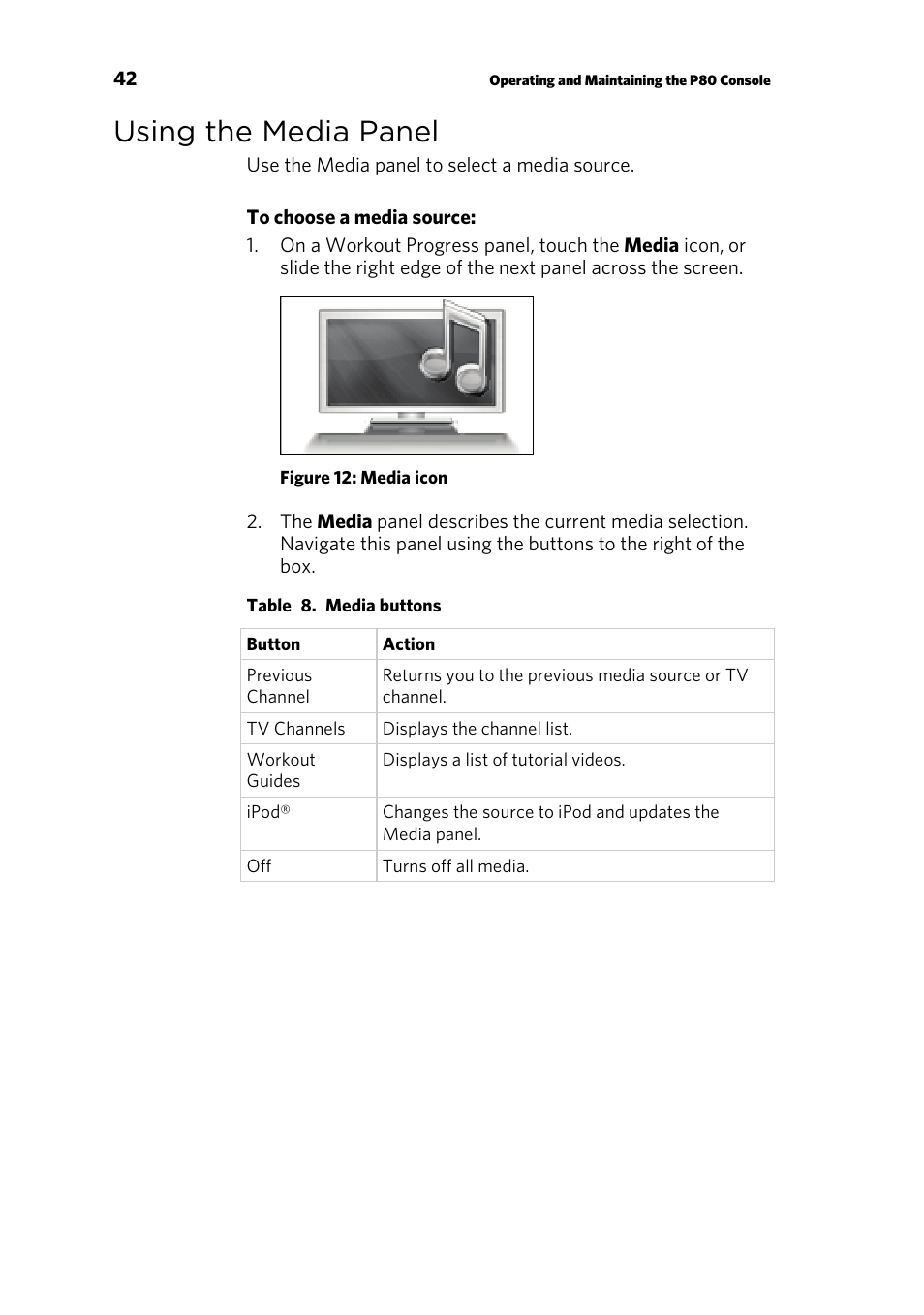 Using the media panel | Precor CONSOLE P80 User Manual | Page 44 / 124