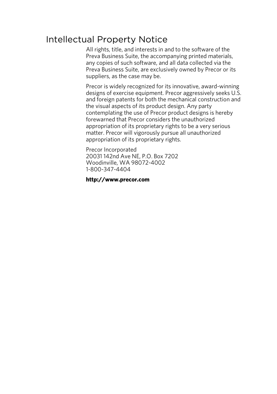 Intellectual property notice | Precor CONSOLE P80 User Manual | Page 5 / 124