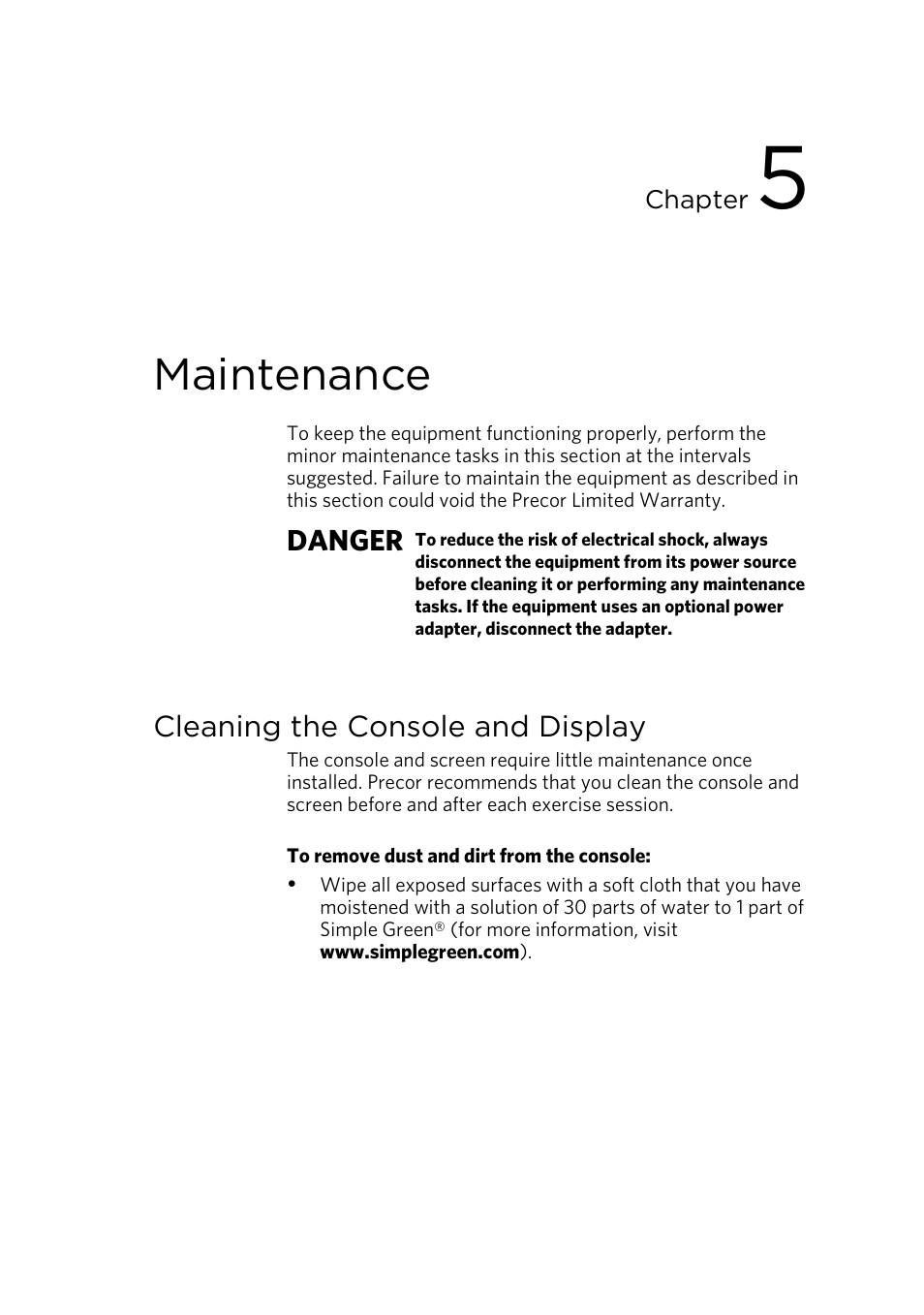 Maintenance, Cleaning the console and display, Danger | Precor CONSOLE P80 User Manual | Page 57 / 124