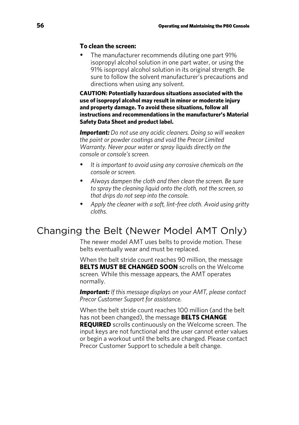 Changing the belt (newer model amt only) | Precor CONSOLE P80 User Manual | Page 58 / 124