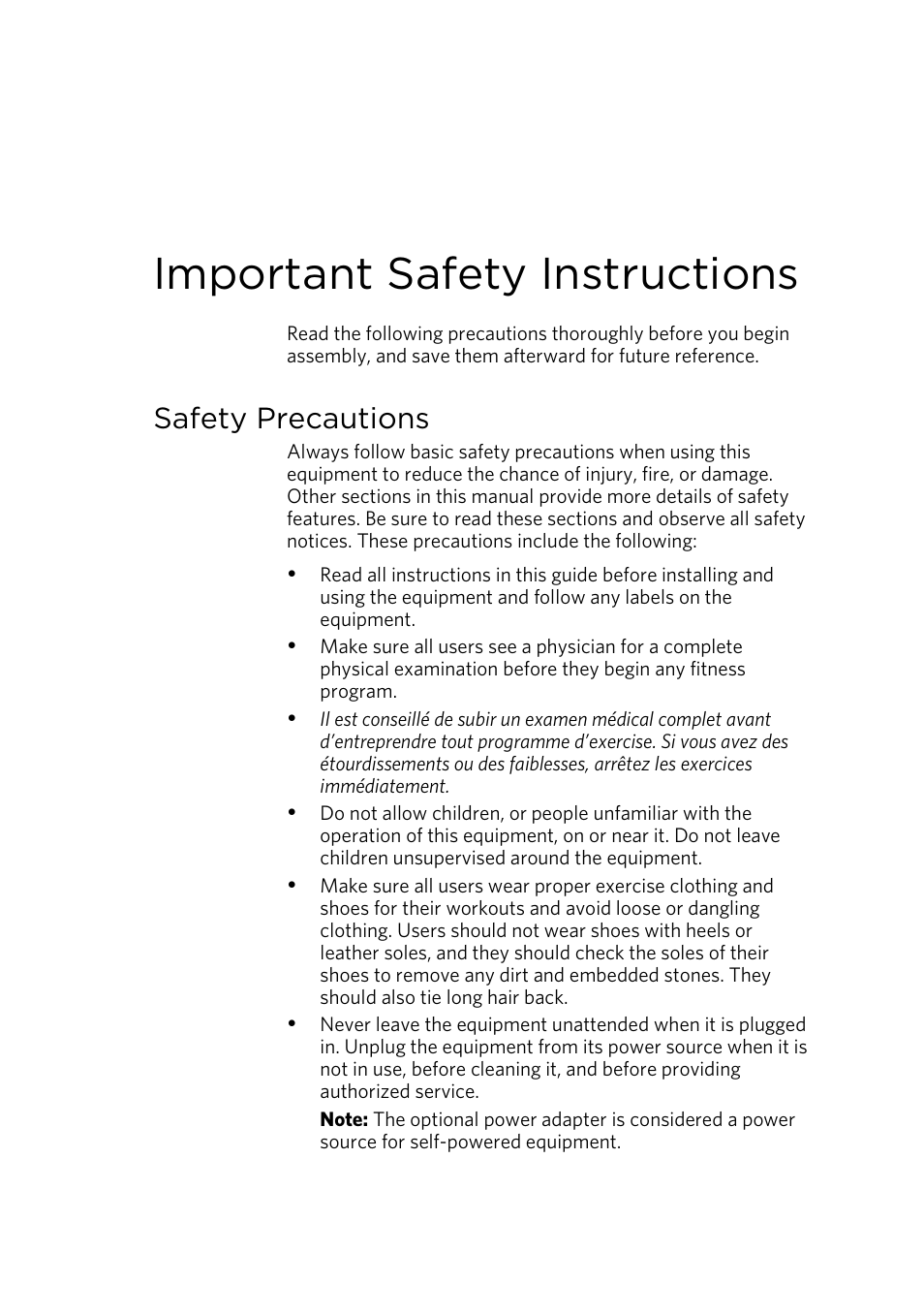 Important safety instructions, Safety precautions | Precor CONSOLE P80 User Manual | Page 65 / 124
