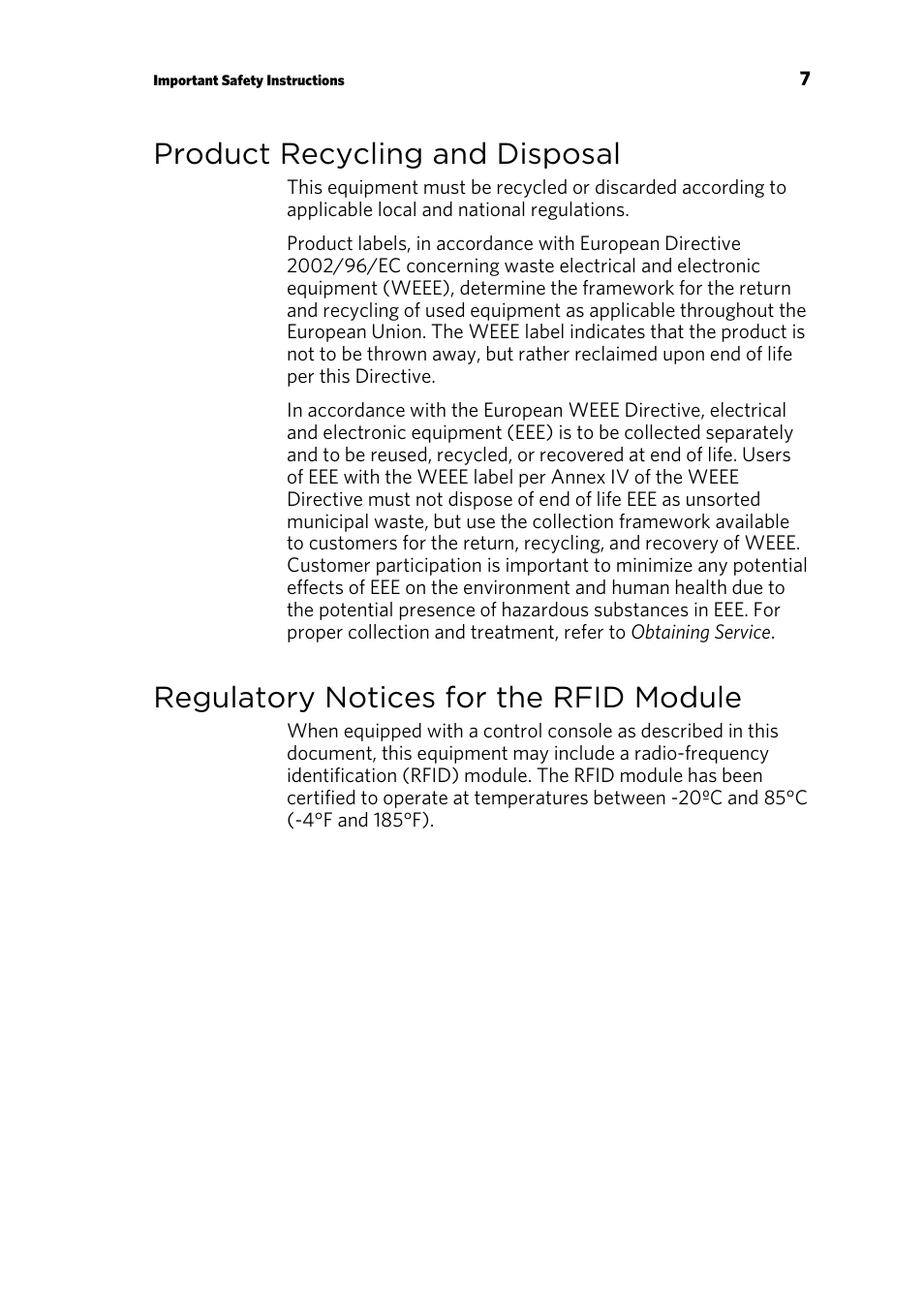 Product recycling and disposal, Regulatory notices for the rfid module | Precor CONSOLE P80 User Manual | Page 69 / 124
