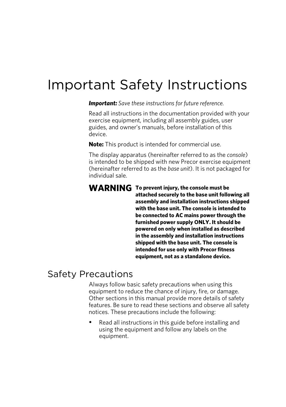 Important safety instructions, Safety precautions, Warning | Precor CONSOLE P80 User Manual | Page 7 / 124