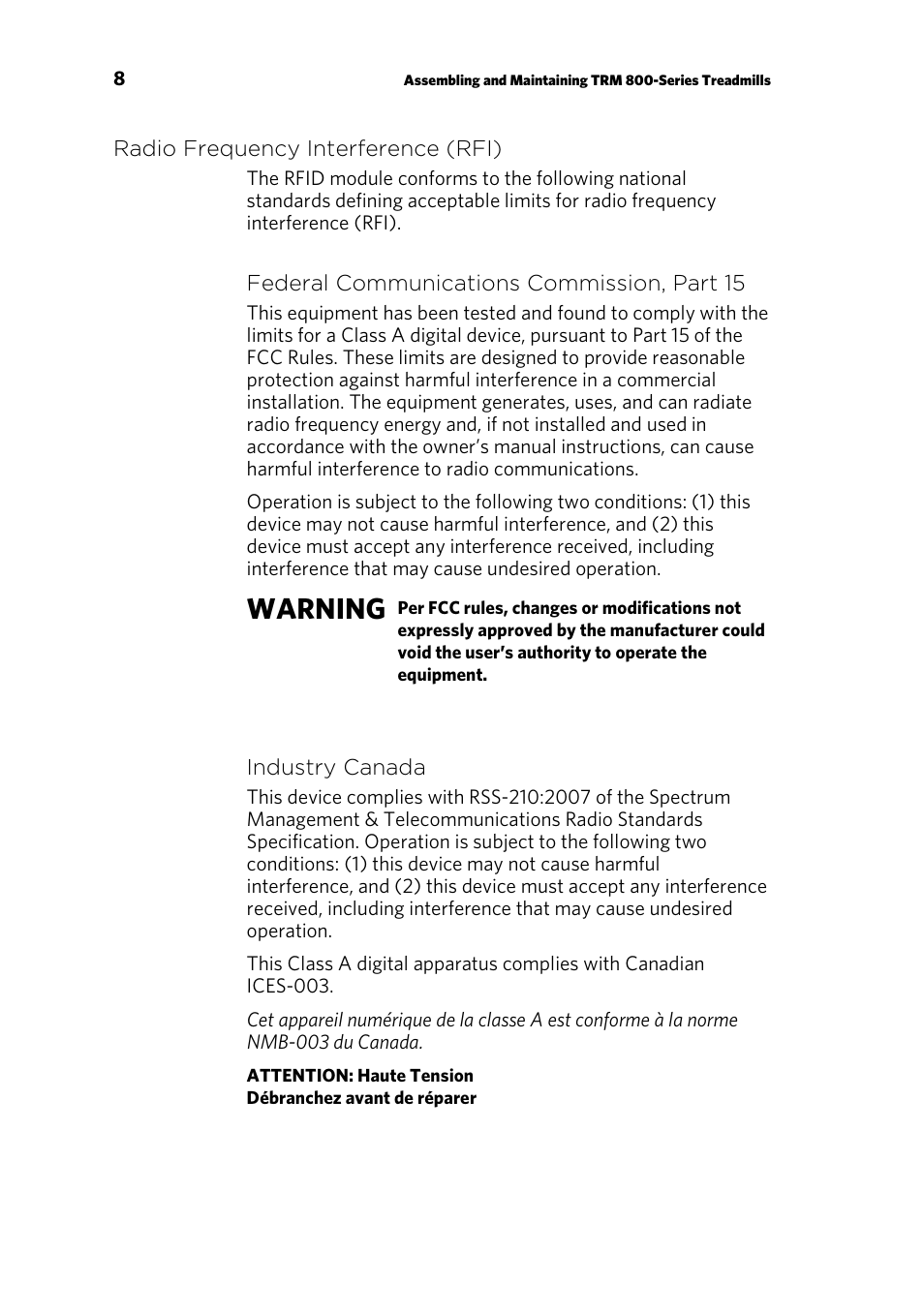 Radio frequency interference (rfi), Warning | Precor CONSOLE P80 User Manual | Page 70 / 124