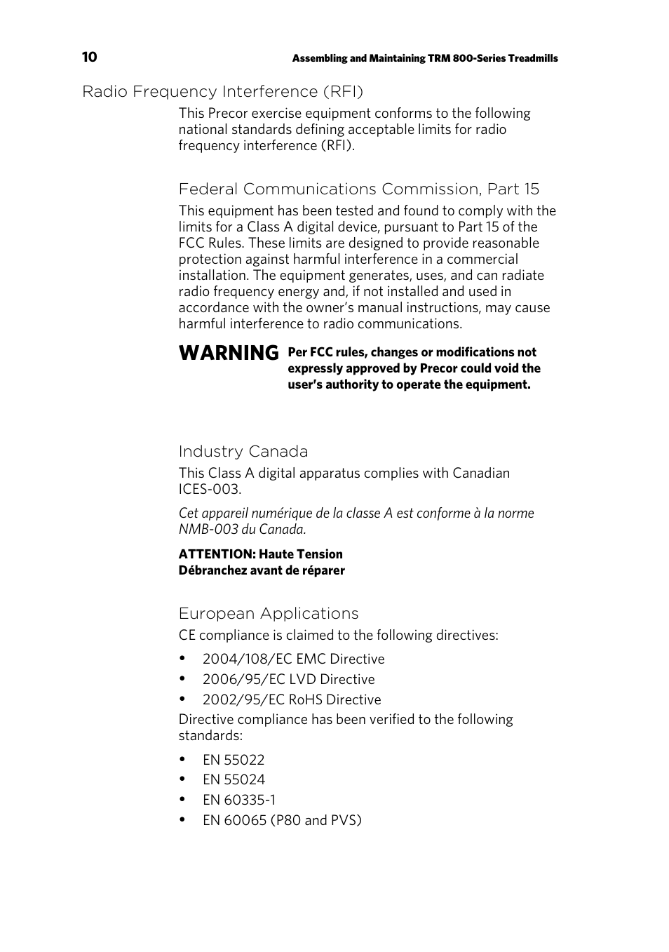 Radio frequency interference (rfi), Warning | Precor CONSOLE P80 User Manual | Page 72 / 124