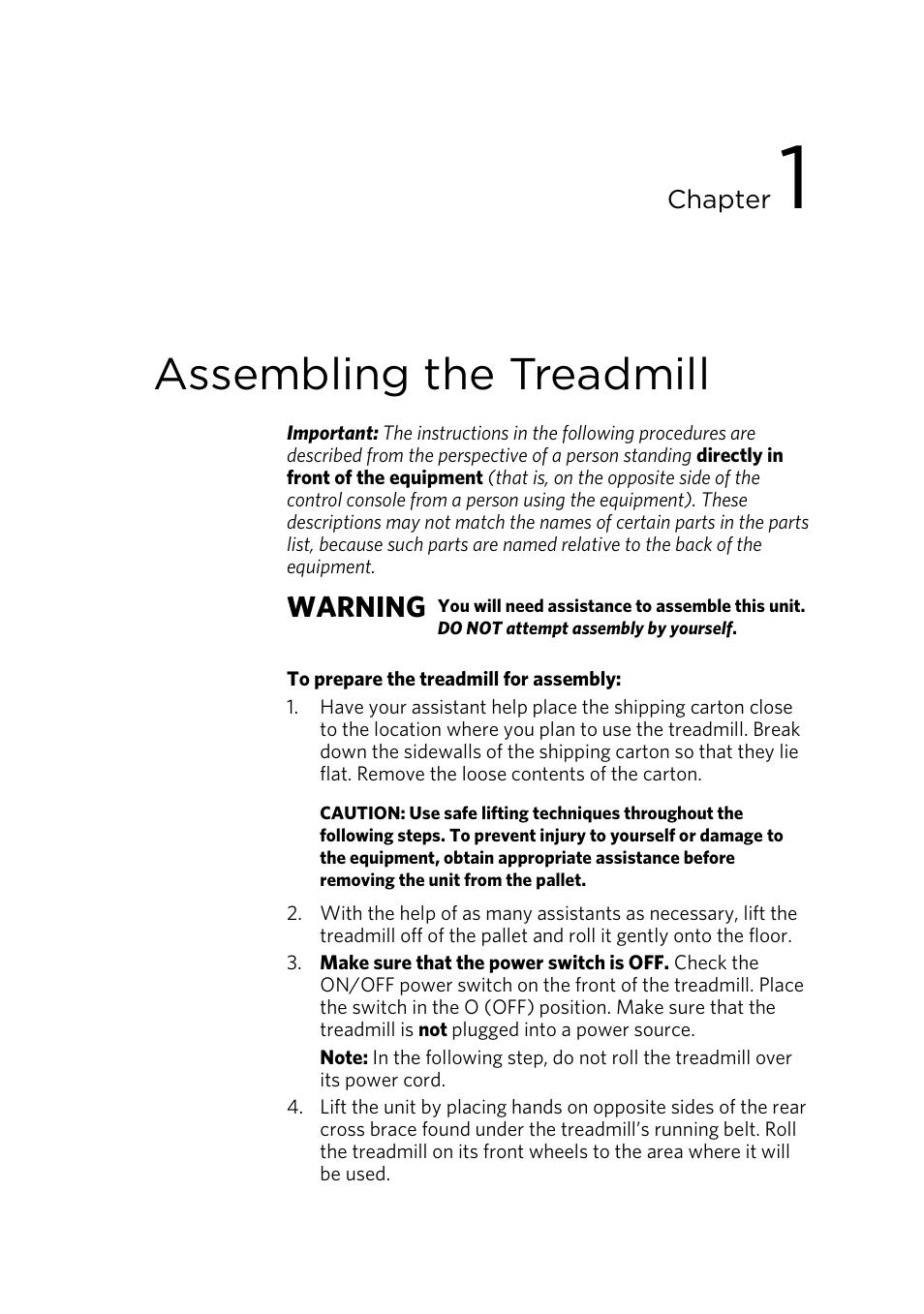Assembling the treadmill, Warning | Precor CONSOLE P80 User Manual | Page 77 / 124