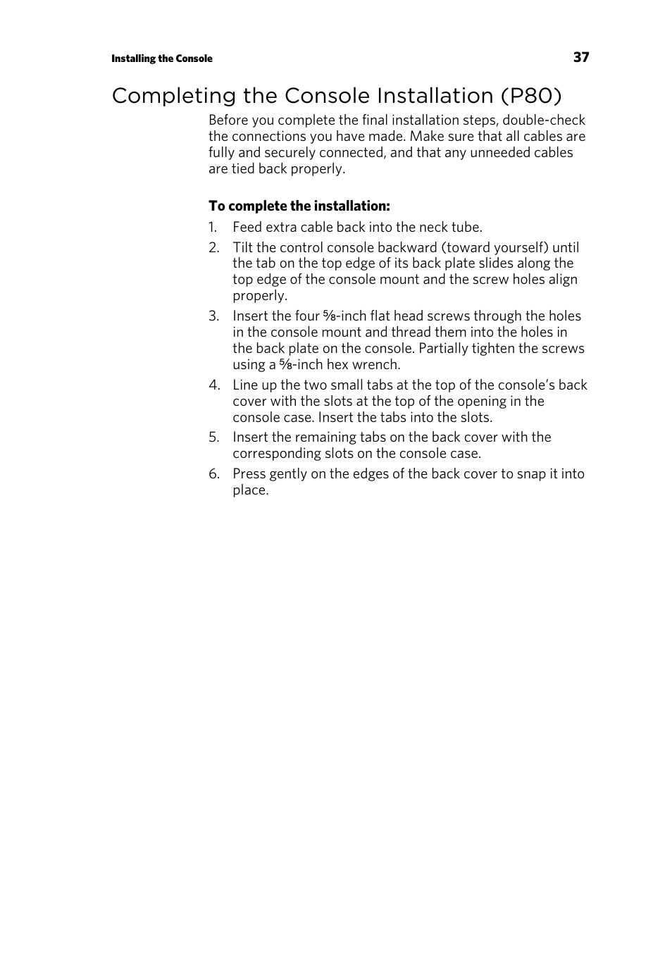 Completing the console installation (p80) | Precor CONSOLE P80 User Manual | Page 99 / 124
