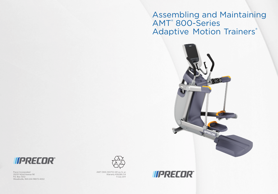 Assembling and maintaining amt, Series adaptive motion trainers | Precor p20 User Manual | Page 104 / 104