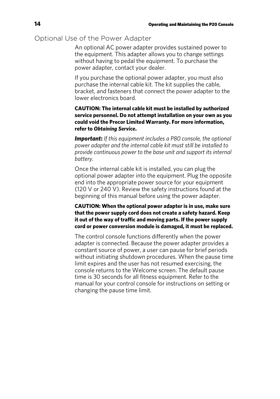 Optional use of the power adapter | Precor p20 User Manual | Page 16 / 104