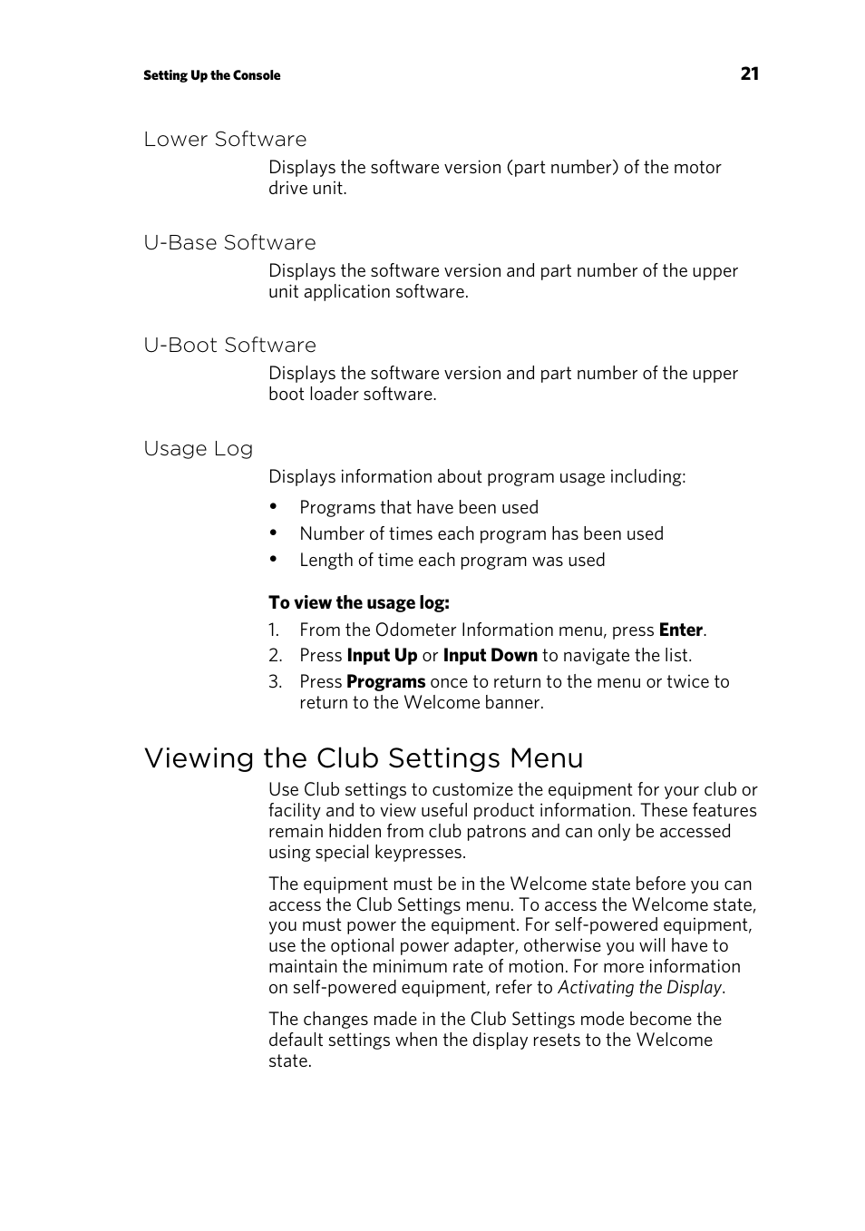 Lower software, U-base software, U-boot software | Usage log, Viewing the club settings menu | Precor p20 User Manual | Page 23 / 104