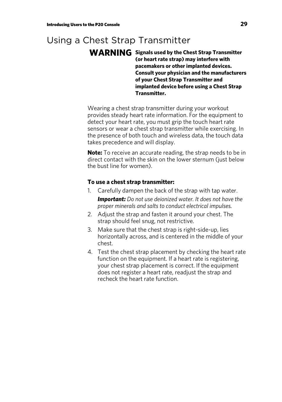 Using a chest strap transmitter, Using the treadmill safety clip, Using a chest strap transmitter warning | Precor p20 User Manual | Page 31 / 104