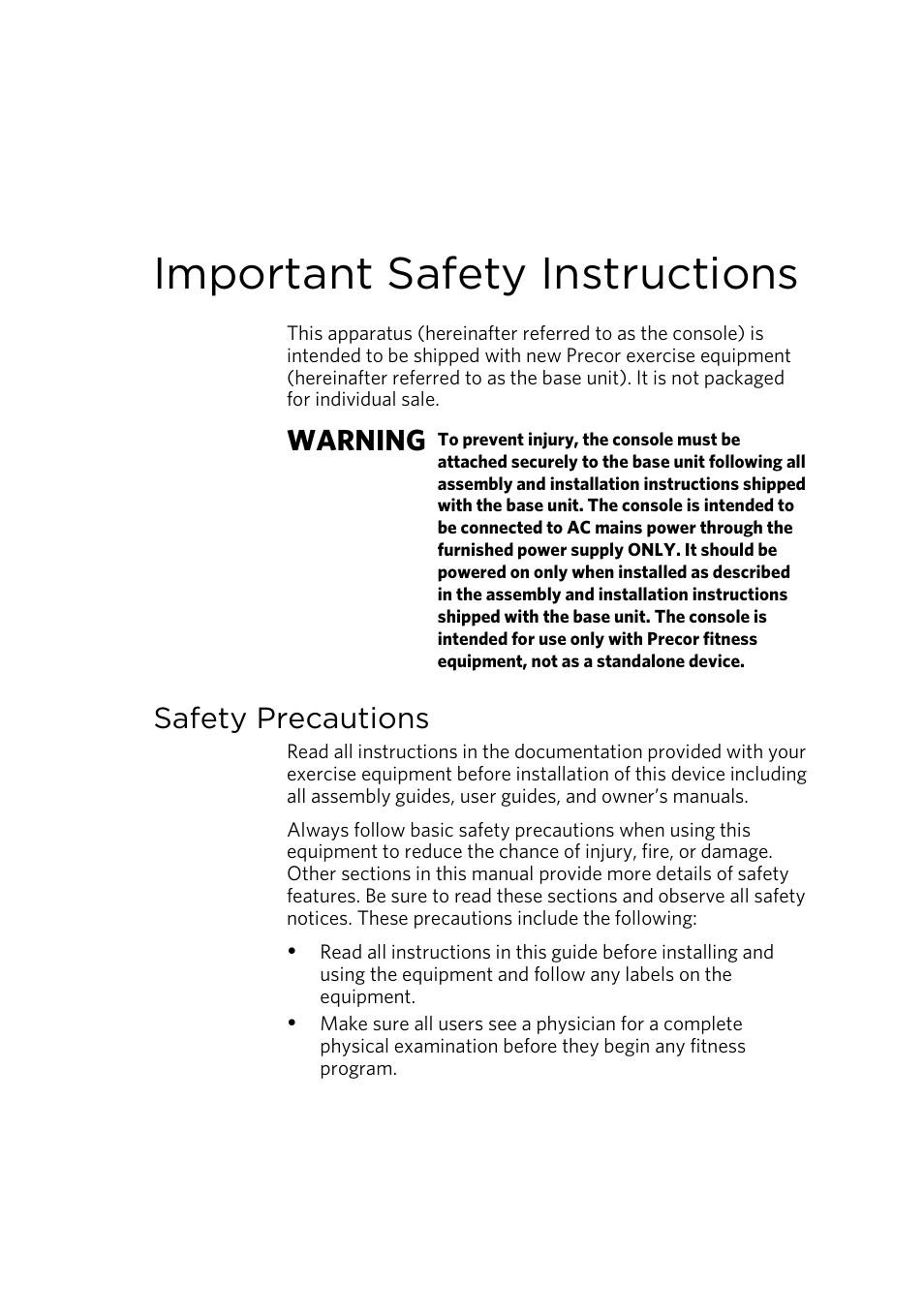 Important safety instructions, Safety precautions, Warning | Precor p20 User Manual | Page 5 / 104