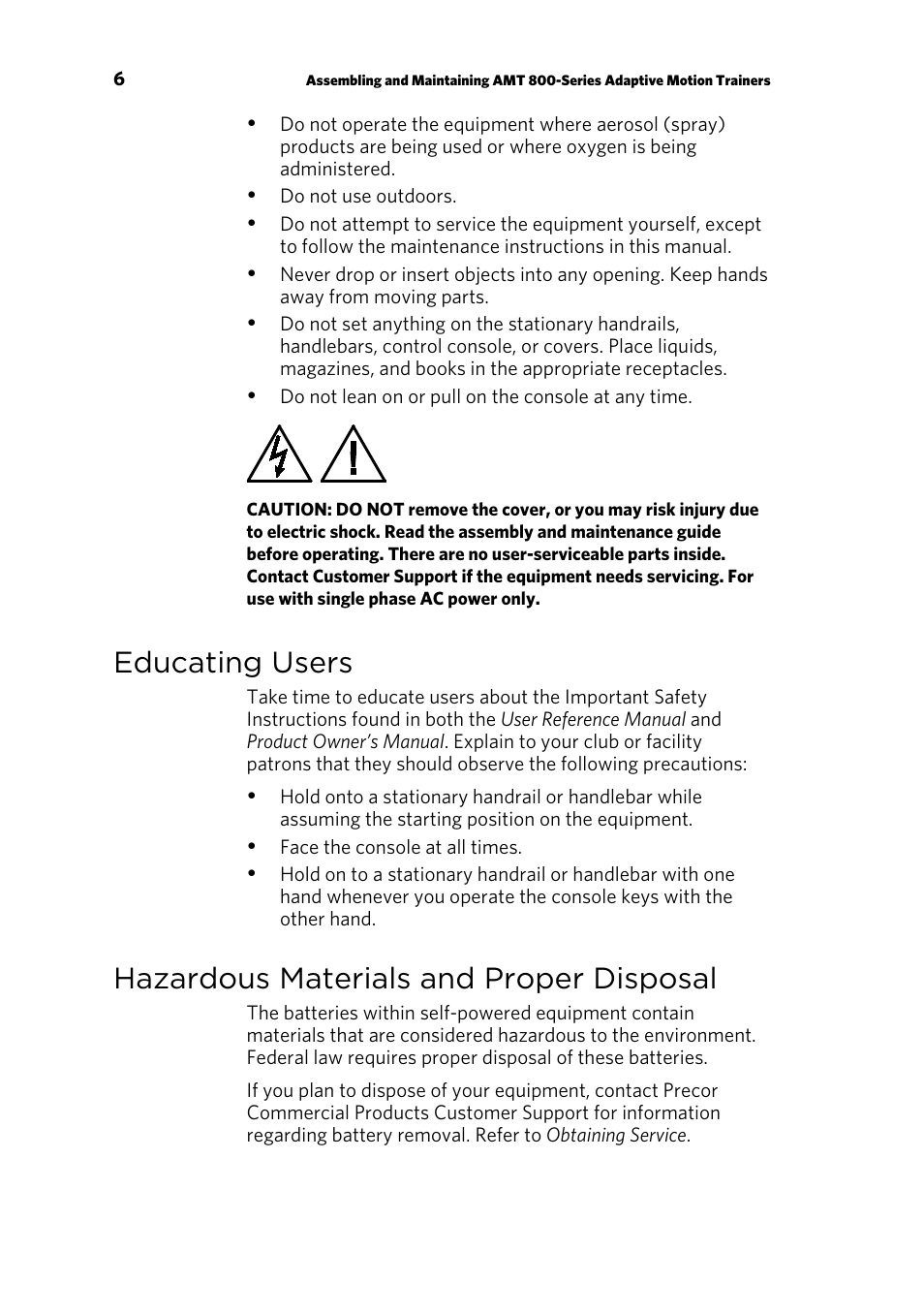 Educating users, Hazardous materials and proper disposal | Precor p20 User Manual | Page 56 / 104