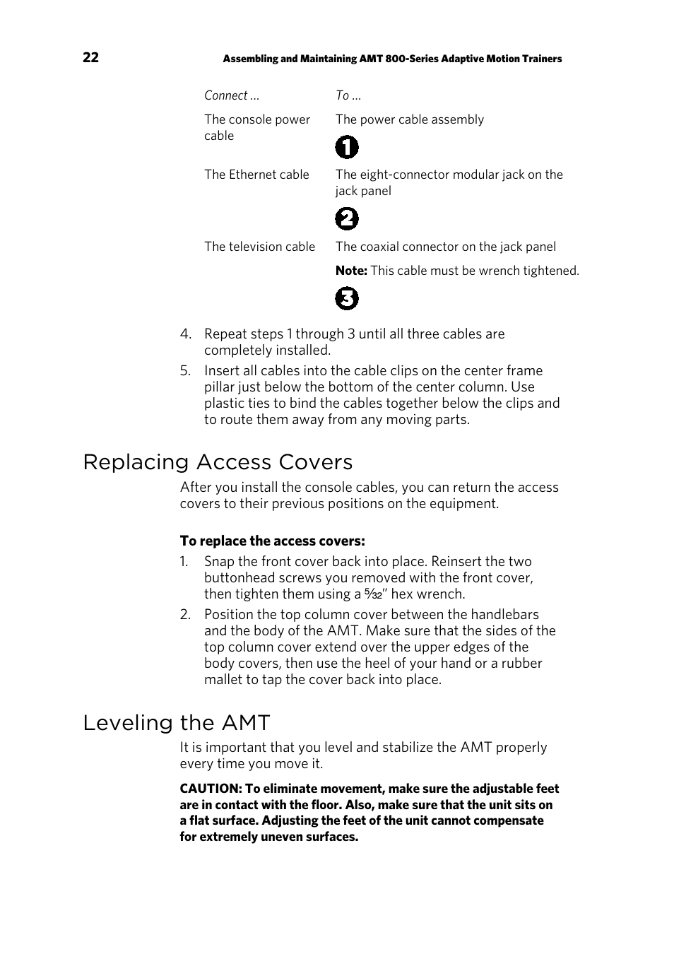 Replacing access covers, Leveling the amt | Precor p20 User Manual | Page 72 / 104