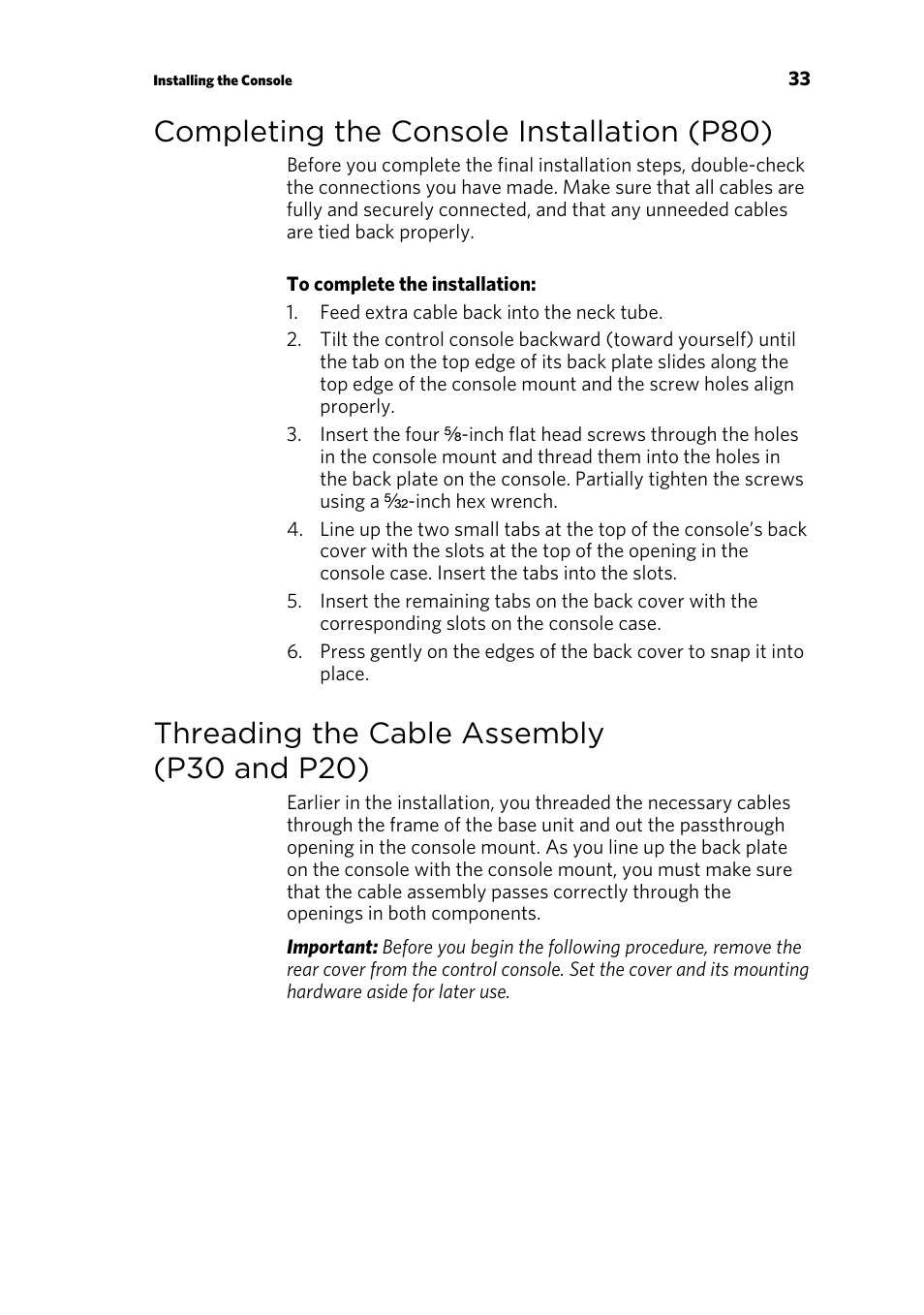 Completing the console installation (p80), Threading the cable assembly (p30 and p20), Threading the cable assembly(p30 and p20) | Precor p20 User Manual | Page 83 / 104