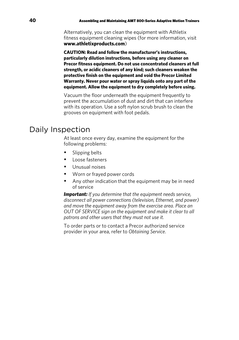 Daily inspection | Precor p20 User Manual | Page 90 / 104